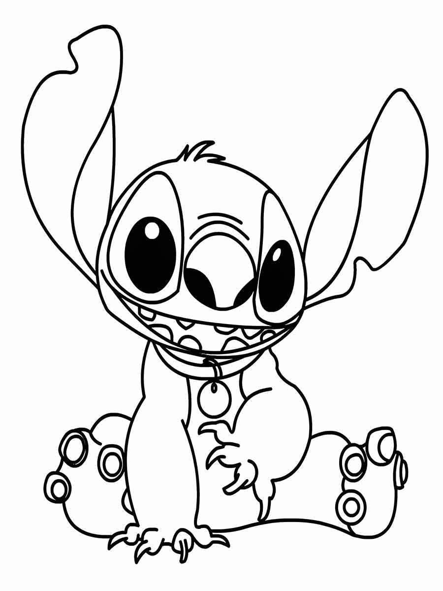 Stitch Painting and Coloring Page. In this drawing, he is sitting with his legs open.