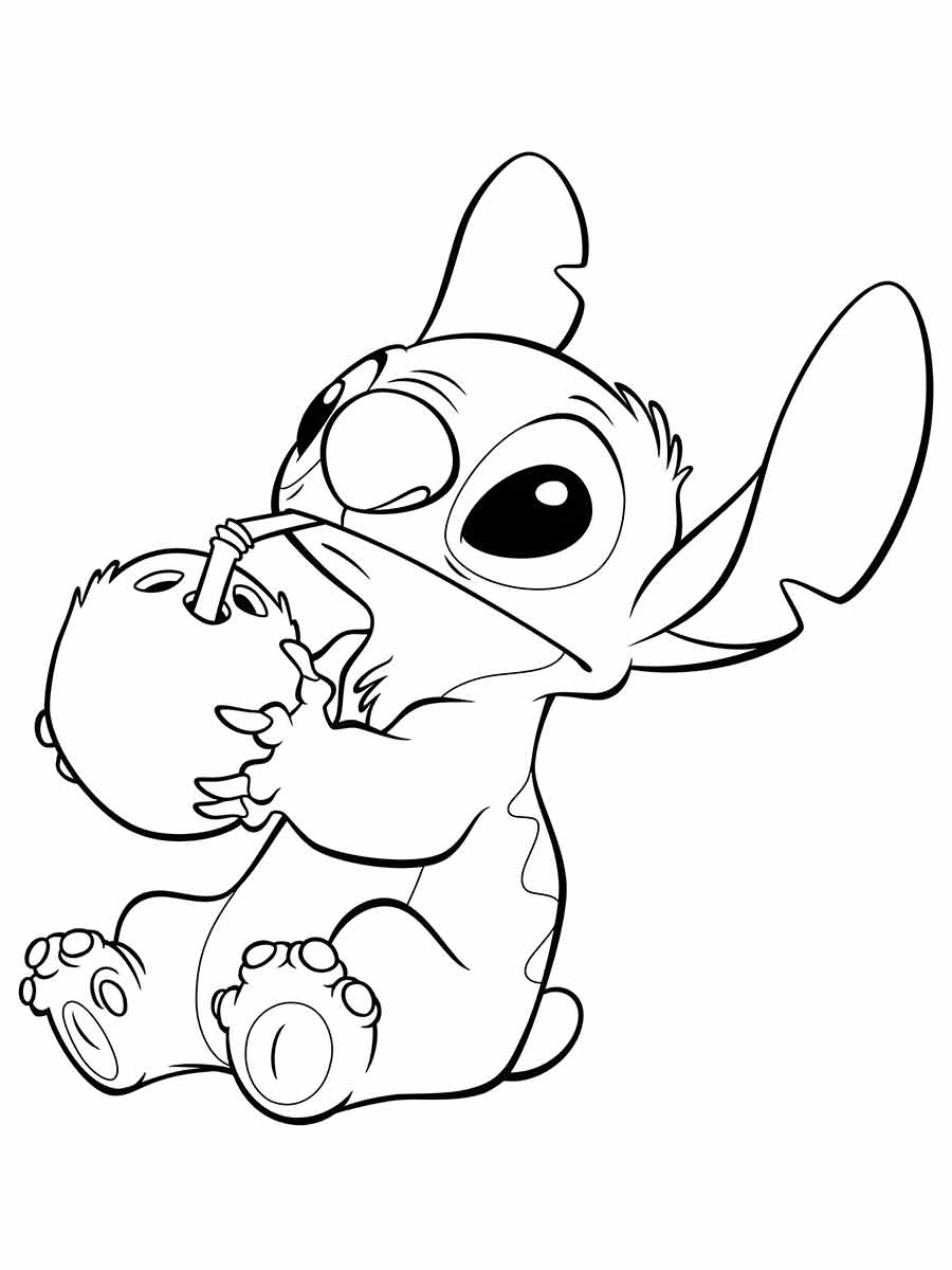 Stitch Coloring Page, He is sitting on his hind legs and holding a coconut with a straw.