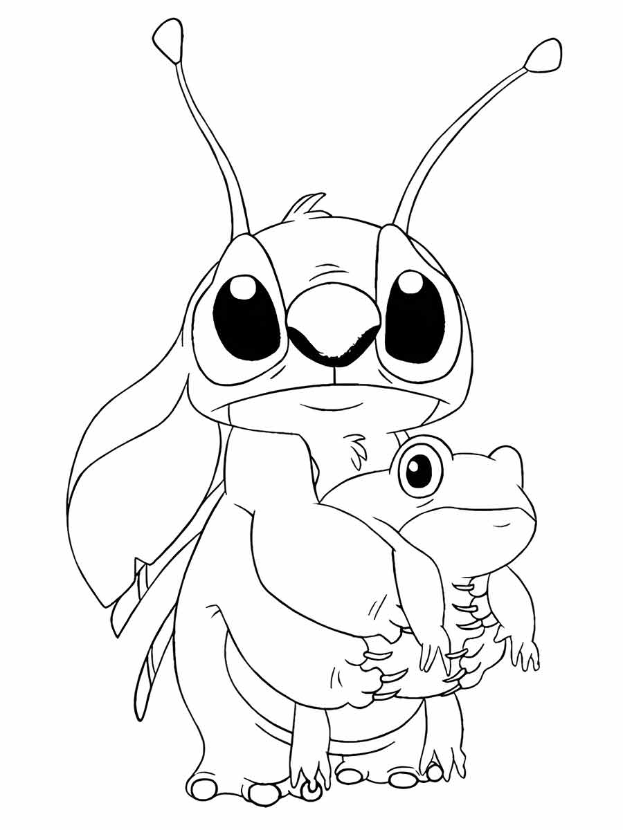 Stitch Coloring and Painting Page, a character from the movie Lilo & Stitch. In this drawing, Stitch is hugging a frog with his arms. The frog has a round body and small legs. The background is white. The drawing is simple and cute, great for those who like the character and the movie.