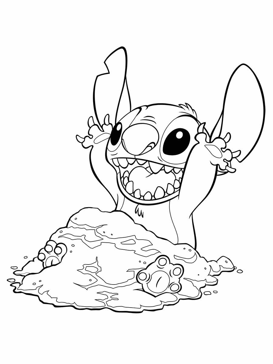 Stitch Coloring Page, He is sitting on a pile of sand with some rocks scattered around.