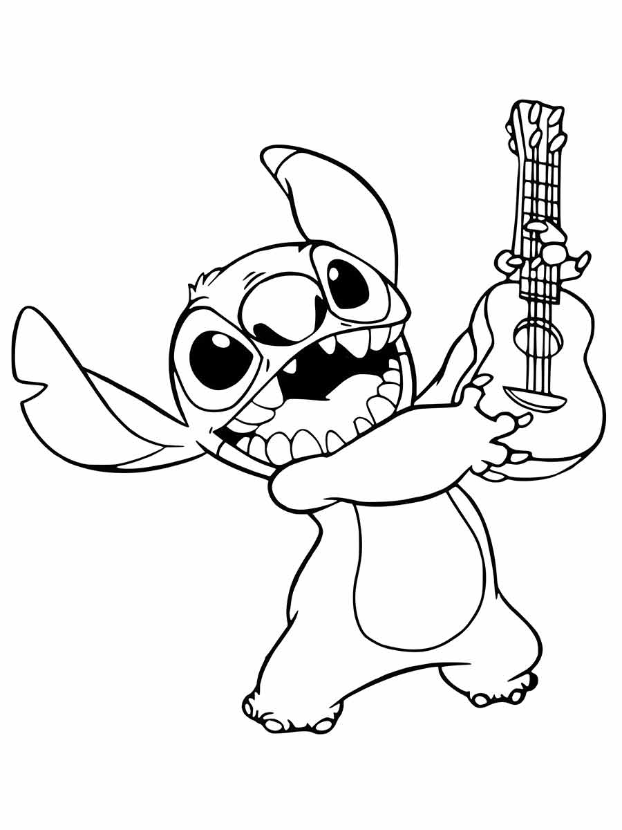 Stitch Coloring Page. He is standing on two legs and holding a ukulele in his right hand. He is smiling and looks happy.