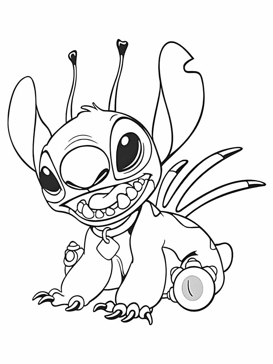 Stitch Coloring Page, a character from the Lilo & Stitch animation. In this drawing, Stitch is smiling and sticking out his tongue, with a mischievous look. He has big black eyes and antennas on his head. The drawing is simple and fun, perfect for kids who like the movie.