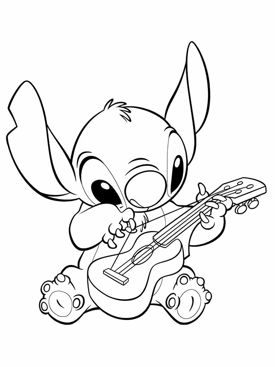 Disney's Stitch Coloring Page. Stitch is a character from the movie Lilo & Stitch, a cute and mischievous alien. He was created by an evil scientist named Jumba but later became friends with a Hawaiian girl named Lilo. In this drawing, he is sitting and playing a ukulele, which is a typical Hawaiian musical instrument. You can use any colors you like to color this drawing, but the most common ones are blue for Stitch's fur, black for the eyes and nose, and brown for the ukulele. You can also add elements like flowers, leaves, or fruits to make the drawing more colorful and tropical.