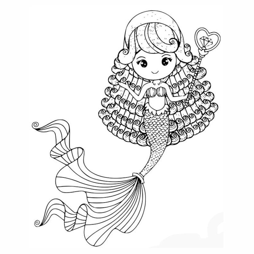 Little mermaid coloring page with playful design.