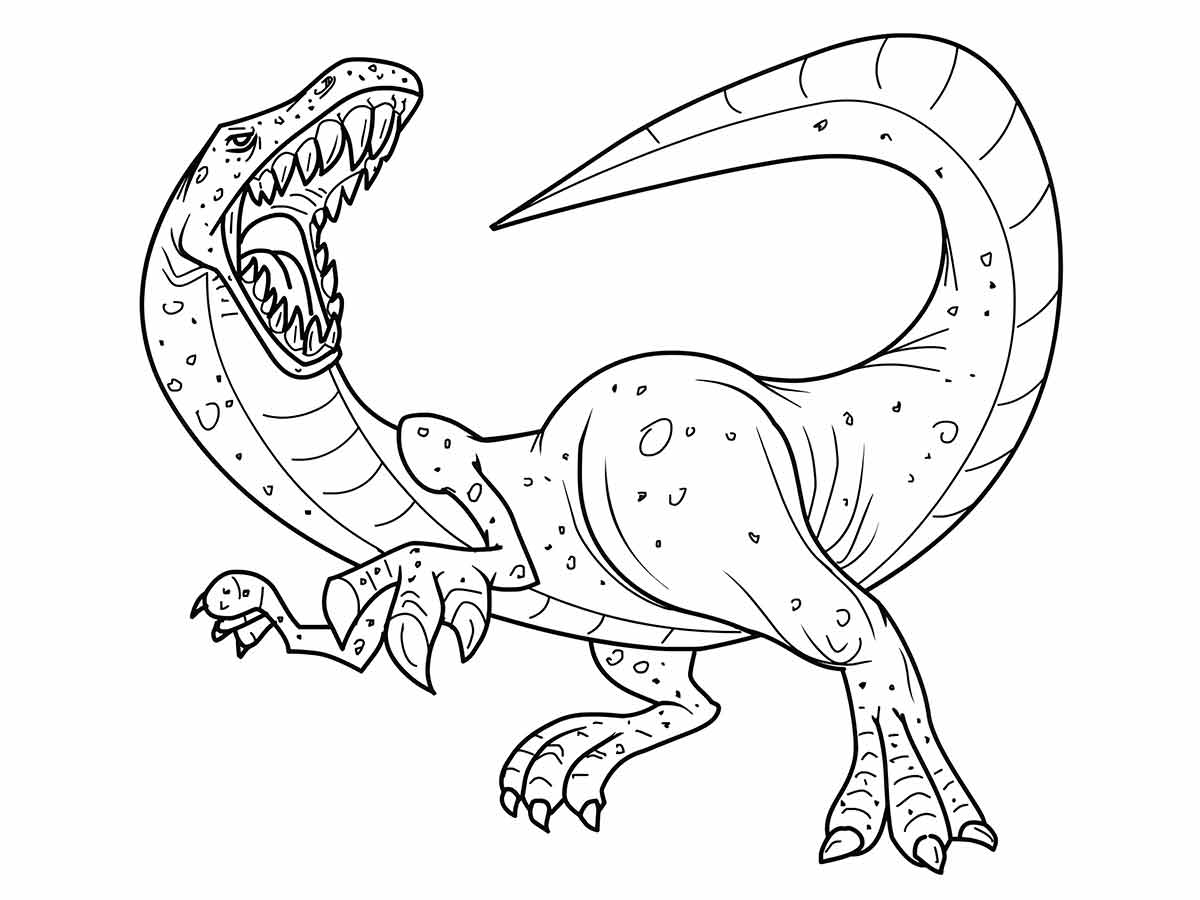 Coloring page of a long-necked dinosaur with sharp teeth.