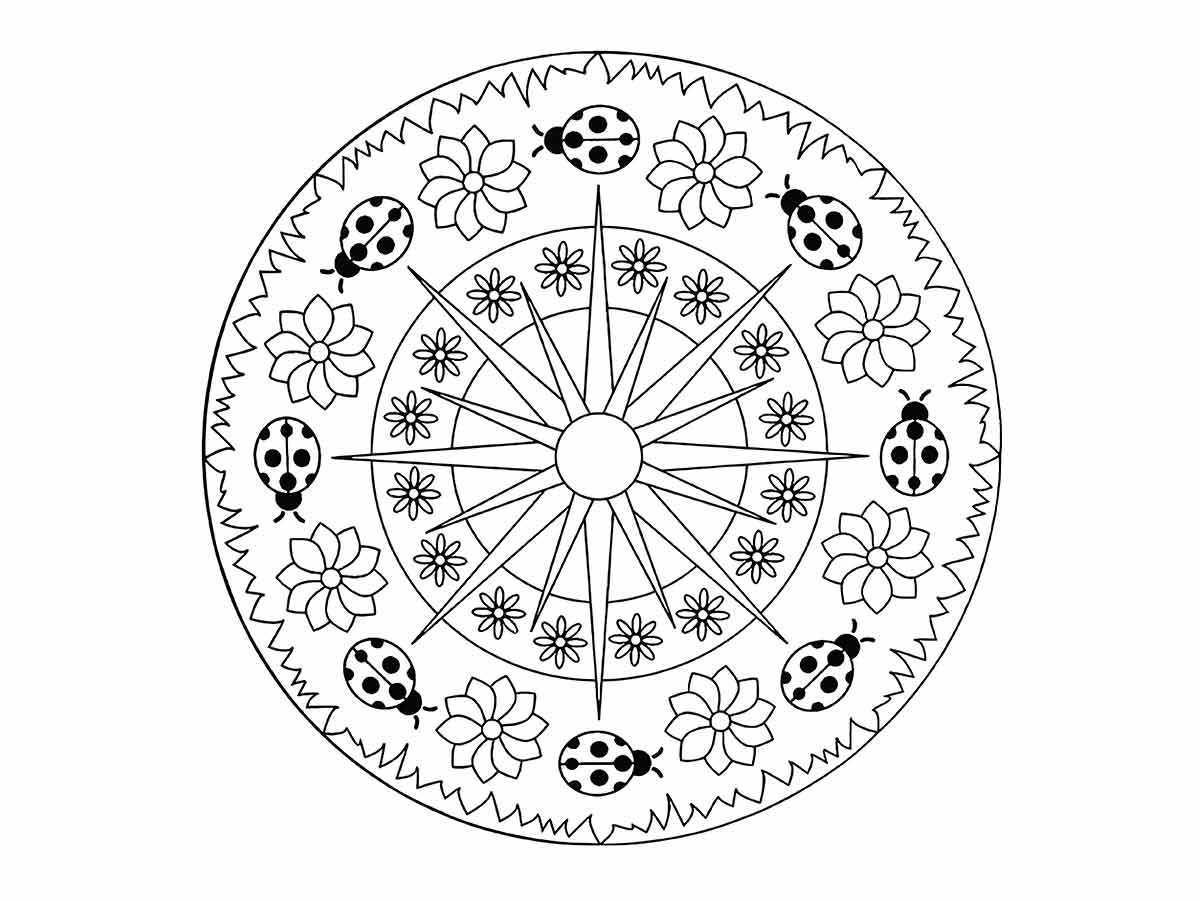 Mandala Coloring Page with Flowers and Ladybugs