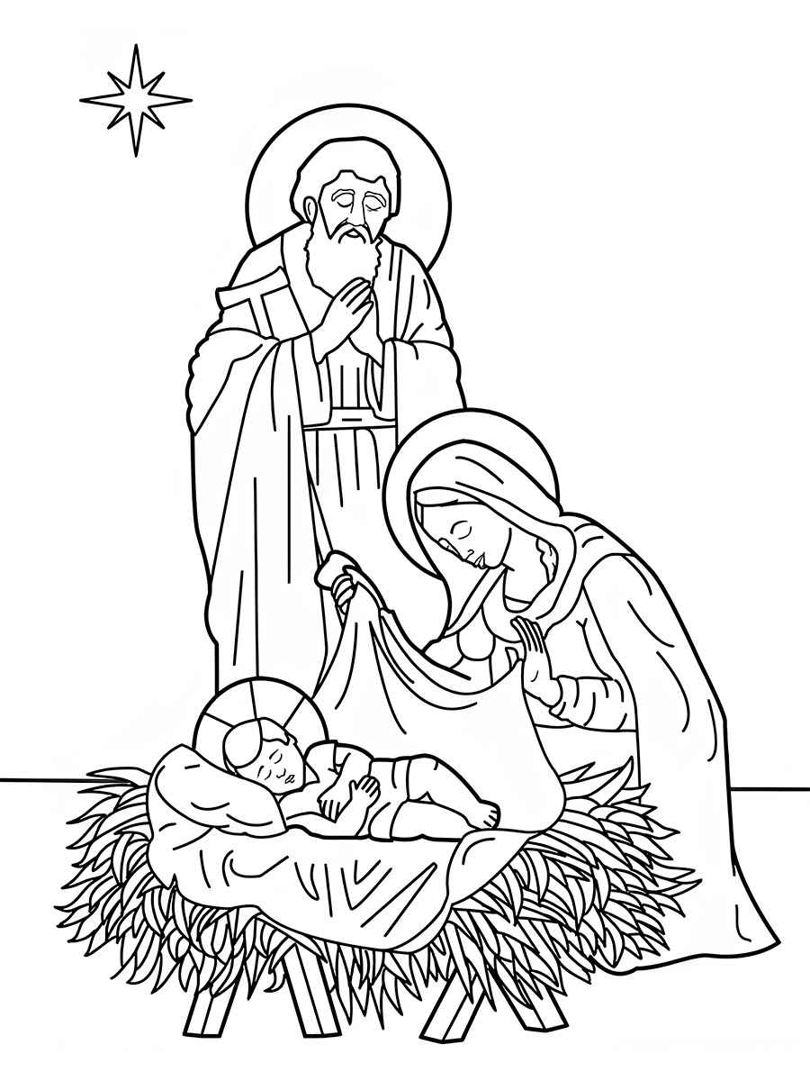 Mary, Jesus, and Joseph Coloring Page