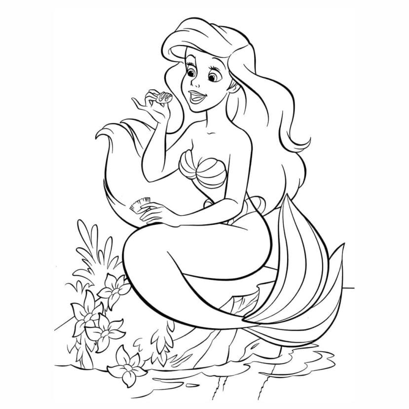 Printable mermaid coloring page with underwater scene.