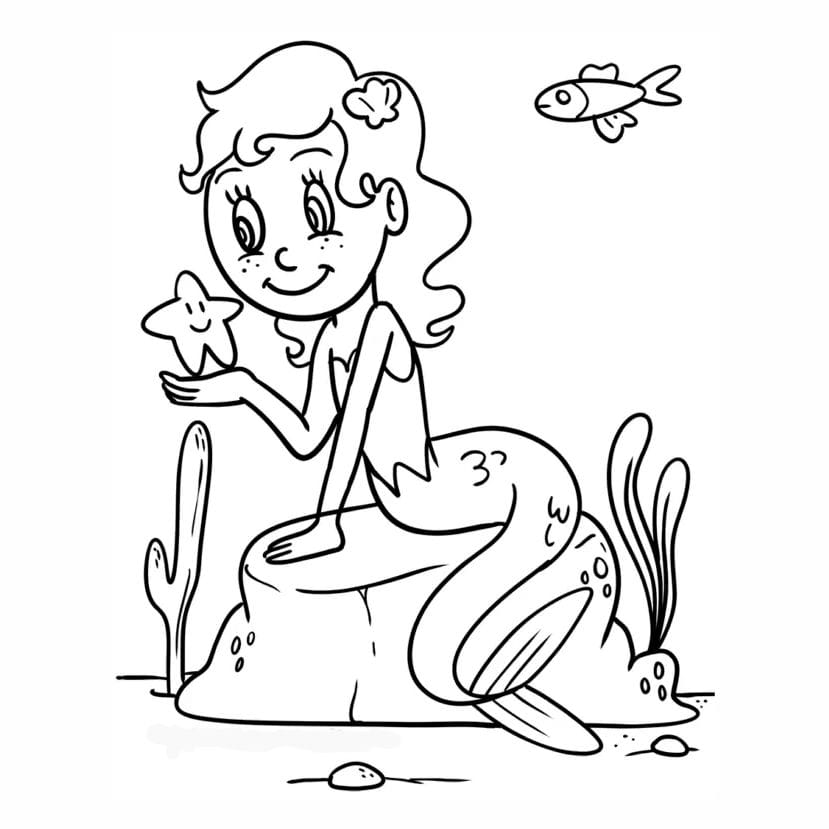 Mermaid coloring page with detailed and printable design.