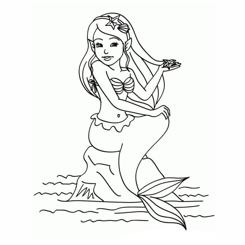 Mermaid coloring page with intricate designs.