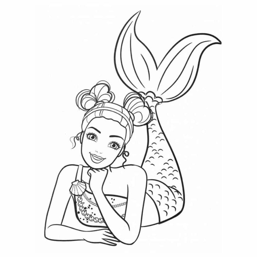 Mermaid coloring page featuring detailed tail and hair.