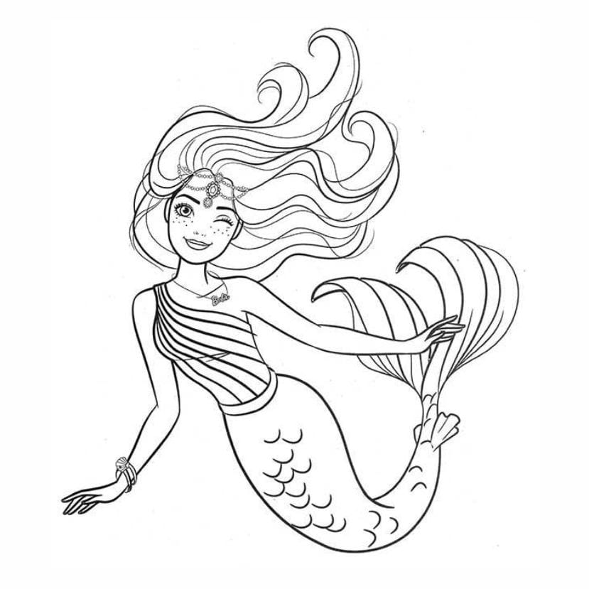 Mermaid coloring page with intricate details.