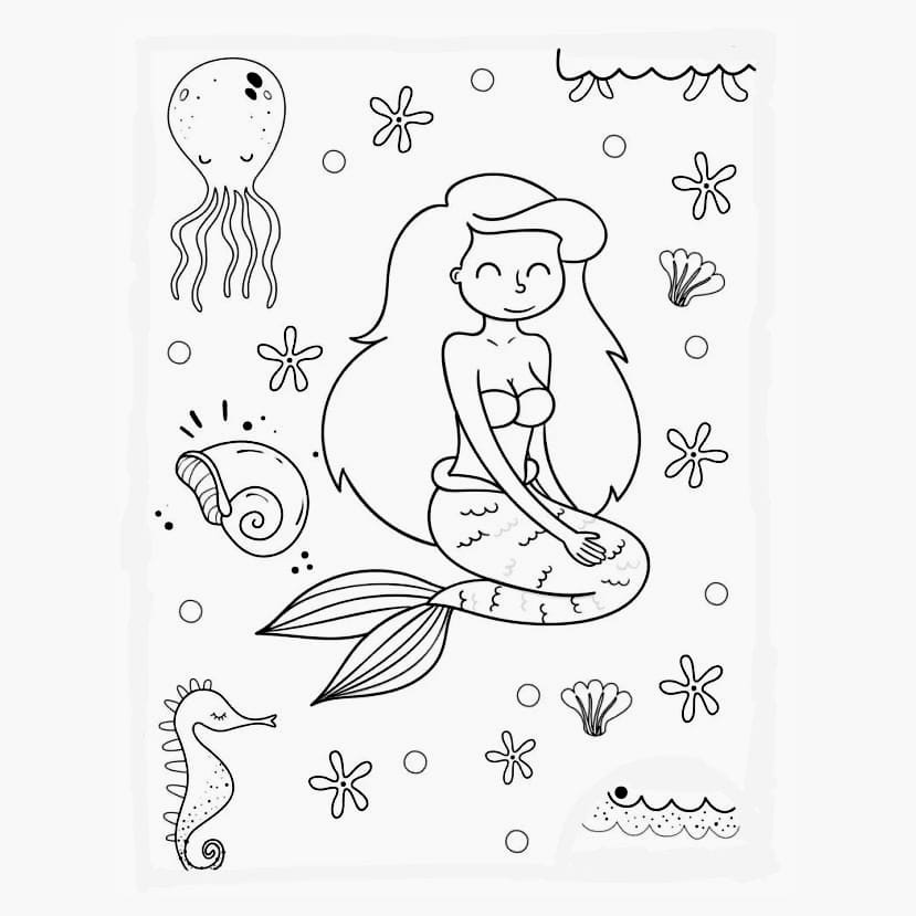 Mermaid coloring page with playful elements.