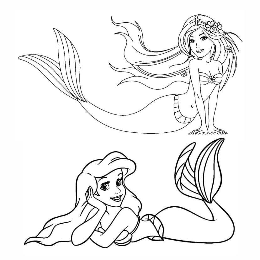 Mermaid coloring page with detailed background elements.