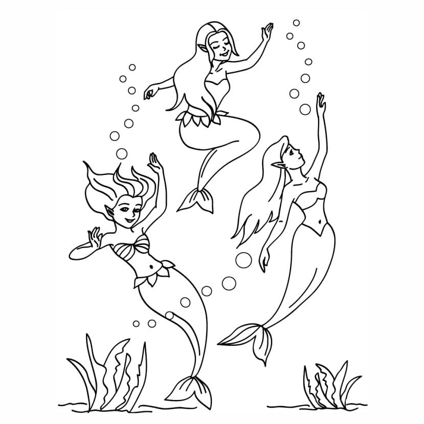 Coloring page featuring mermaids in different poses.