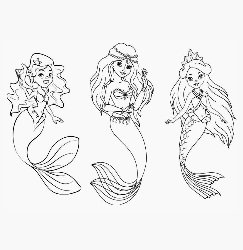 Group of mermaids in a detailed coloring page.