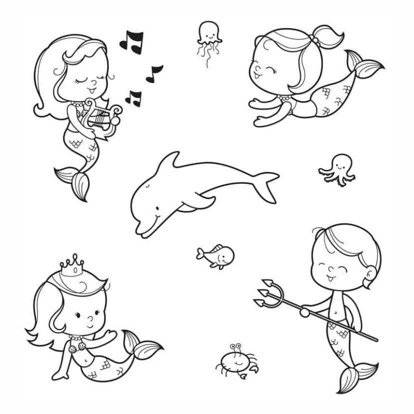 Coloring page of multiple mermaids with unique designs.