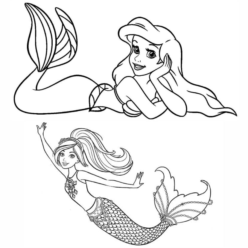 Coloring page of mermaids, detailed and ready to color.