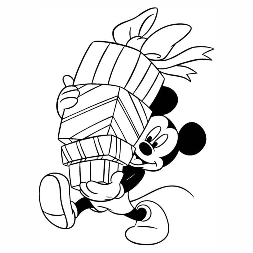 Mickey Mouse carrying gifts coloring page