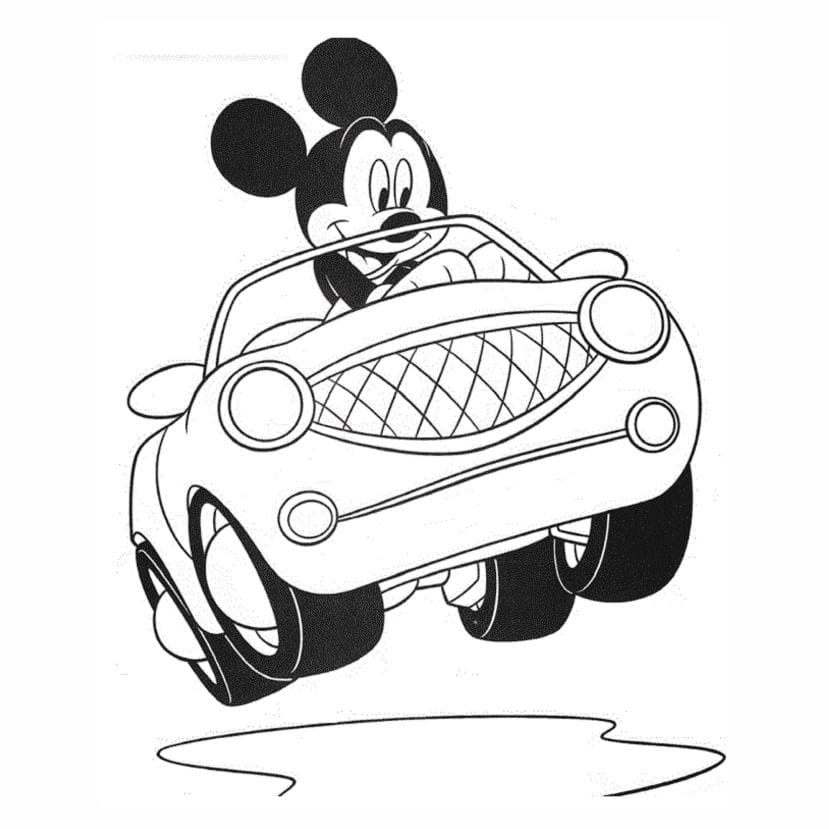 Mickey Mouse driving a car coloring page