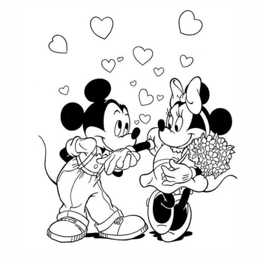 Mickey and Minnie Mouse love-themed coloring page