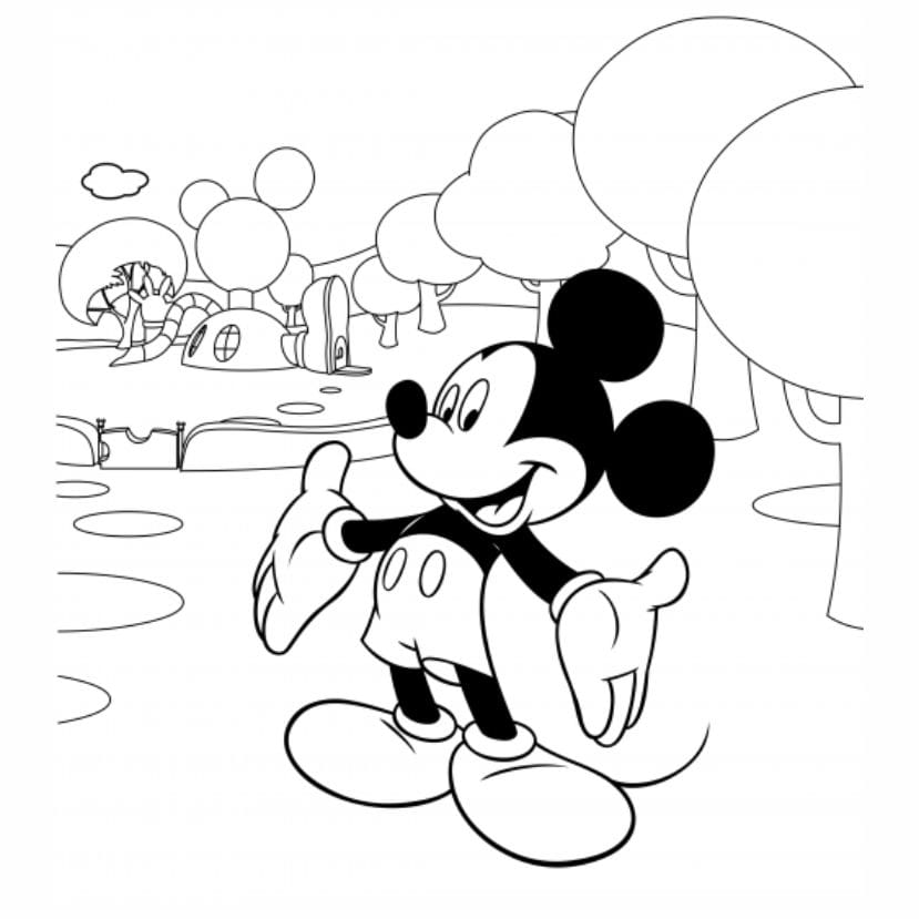 Mickey Mouse coloring sheet with cheerful pose