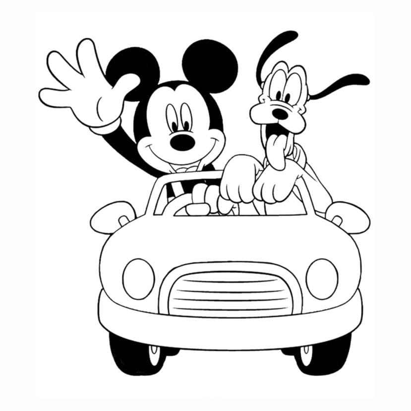 Mickey Mouse and Pluto in a car coloring page