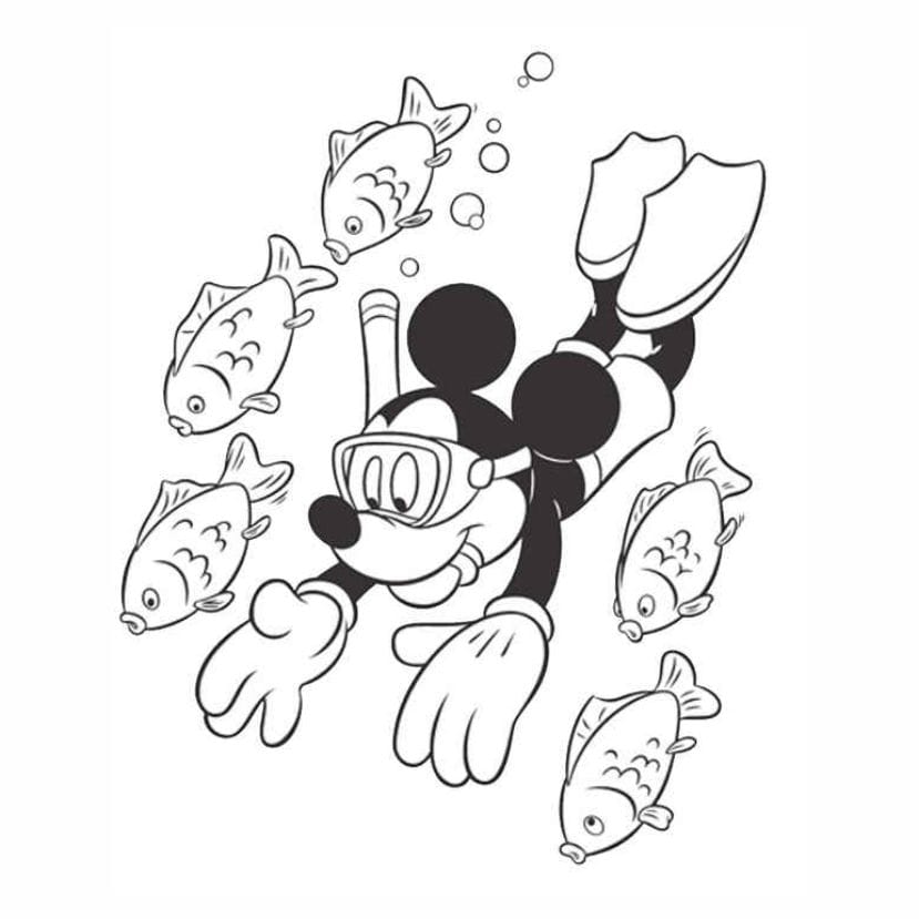 Mickey Mouse underwater with fish coloring page