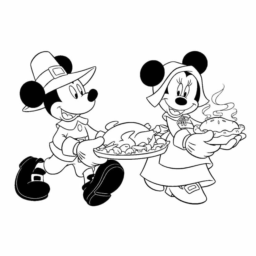 Minnie and Mickey Serving Chicken Coloring Page