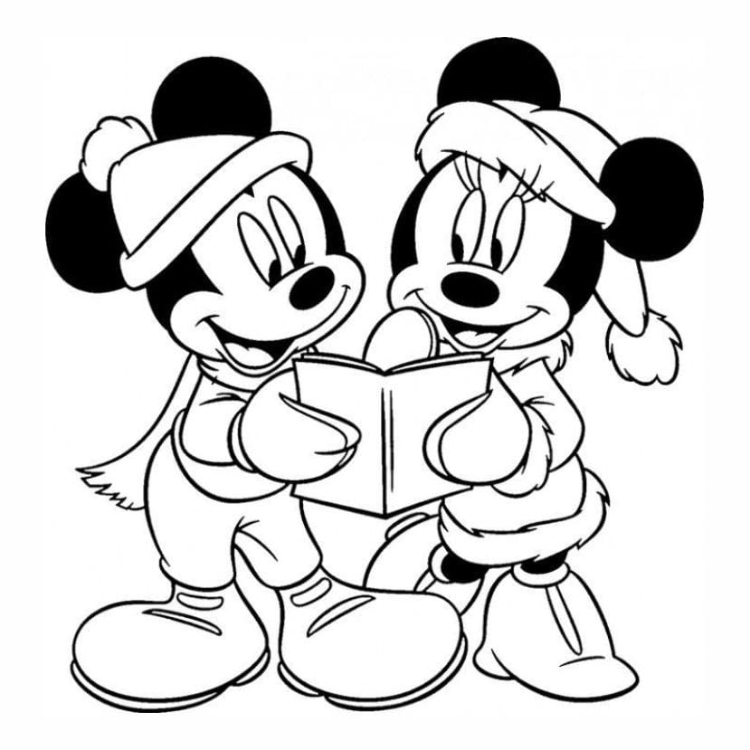 Minnie Reading Christmas Message with Mickey Coloring Page