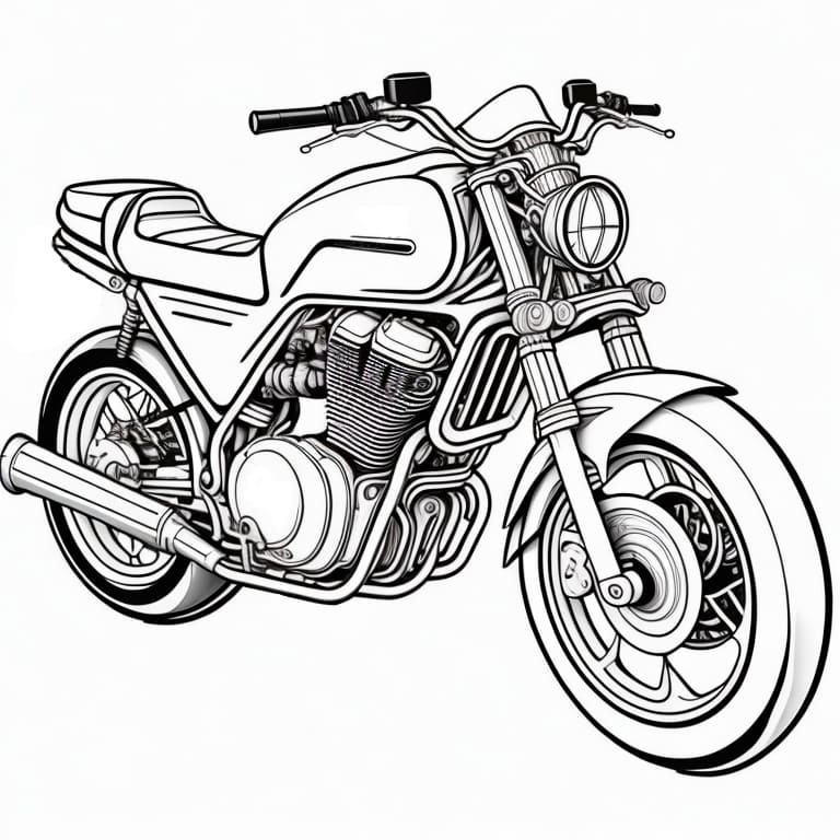 Coloring page of a motorcycle, simple design without color or shading, ready for children to color.