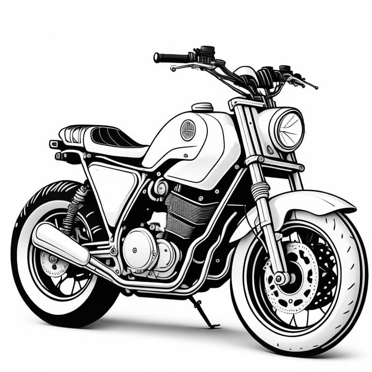 Detailed motorcycle coloring page, perfect for printing and coloring by children.