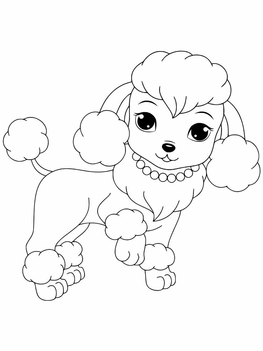 Coloring page of a poodle standing on its hind legs, with curly fluffy fur. It has a collar around its neck. The poodle's tail is curled, and its mouth is open as if barking.