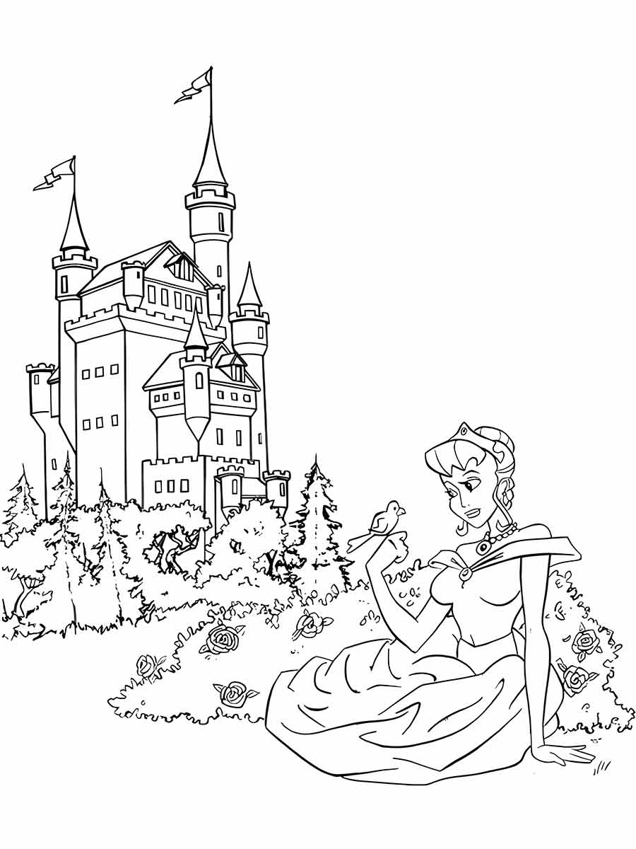 princess in front of castle coloring page