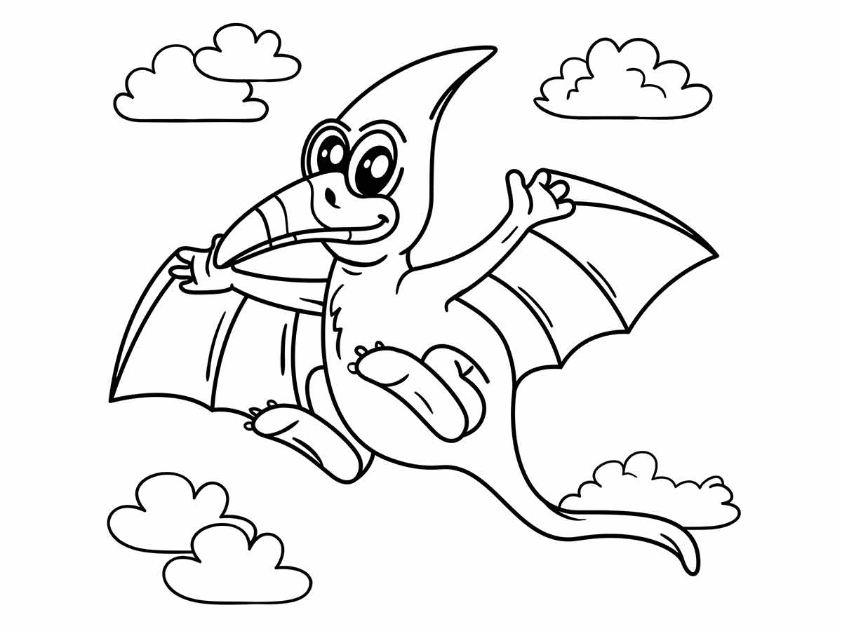 Coloring page of a pterodactyl, a flying reptile with a long beak and head crest, wings extending from the fourth finger to the hind legs.