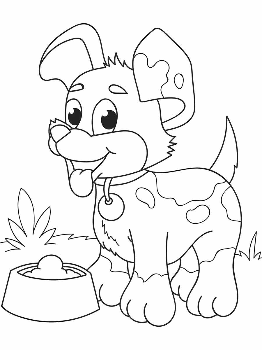 Coloring page of a puppy looking at a bowl. The puppy is standing on all fours with its head lowered to the bowl. It has a wagging tail and floppy ears.