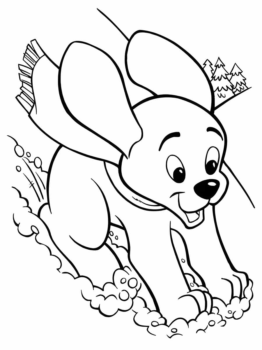 Coloring page of a puppy running. The puppy has long floppy ears and a wagging tail. It is running on grass, with its front legs extended forward and its back legs pushing off the ground.