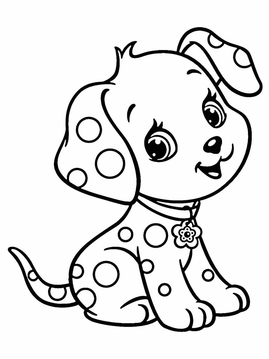 Coloring page of a puppy with a collar. The puppy is sitting on its hind legs with its front paws on the ground. It has a big head with floppy ears and a large nose.