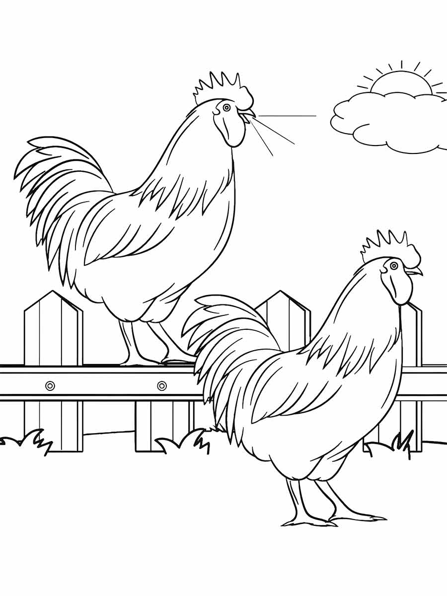 Roosters on Fence Coloring Page