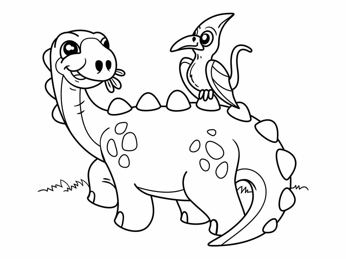 Coloring page of a sauropod dinosaur with a long neck and tail, covered in spots, with a bird perched on its back in a grassy area.