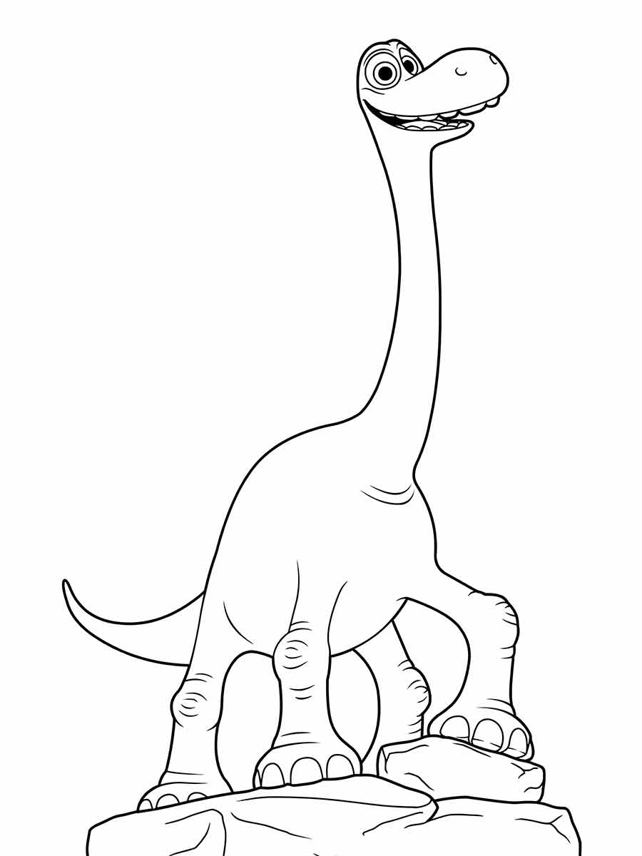 Coloring page of a long-necked sauropod with a round body and short, thick legs, standing on a rock and smiling. Sauropoda means 'lizard foot.'