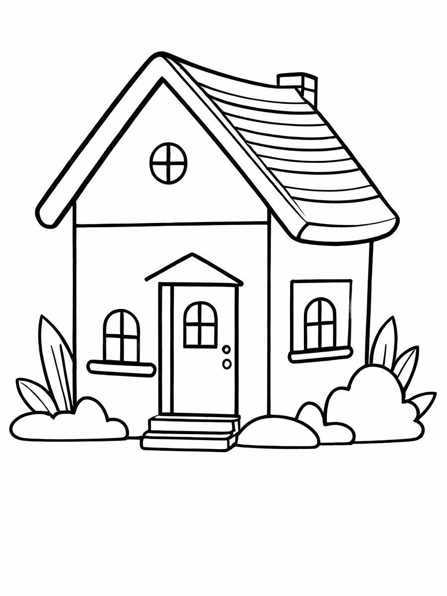 Small House with Bushes Coloring Page