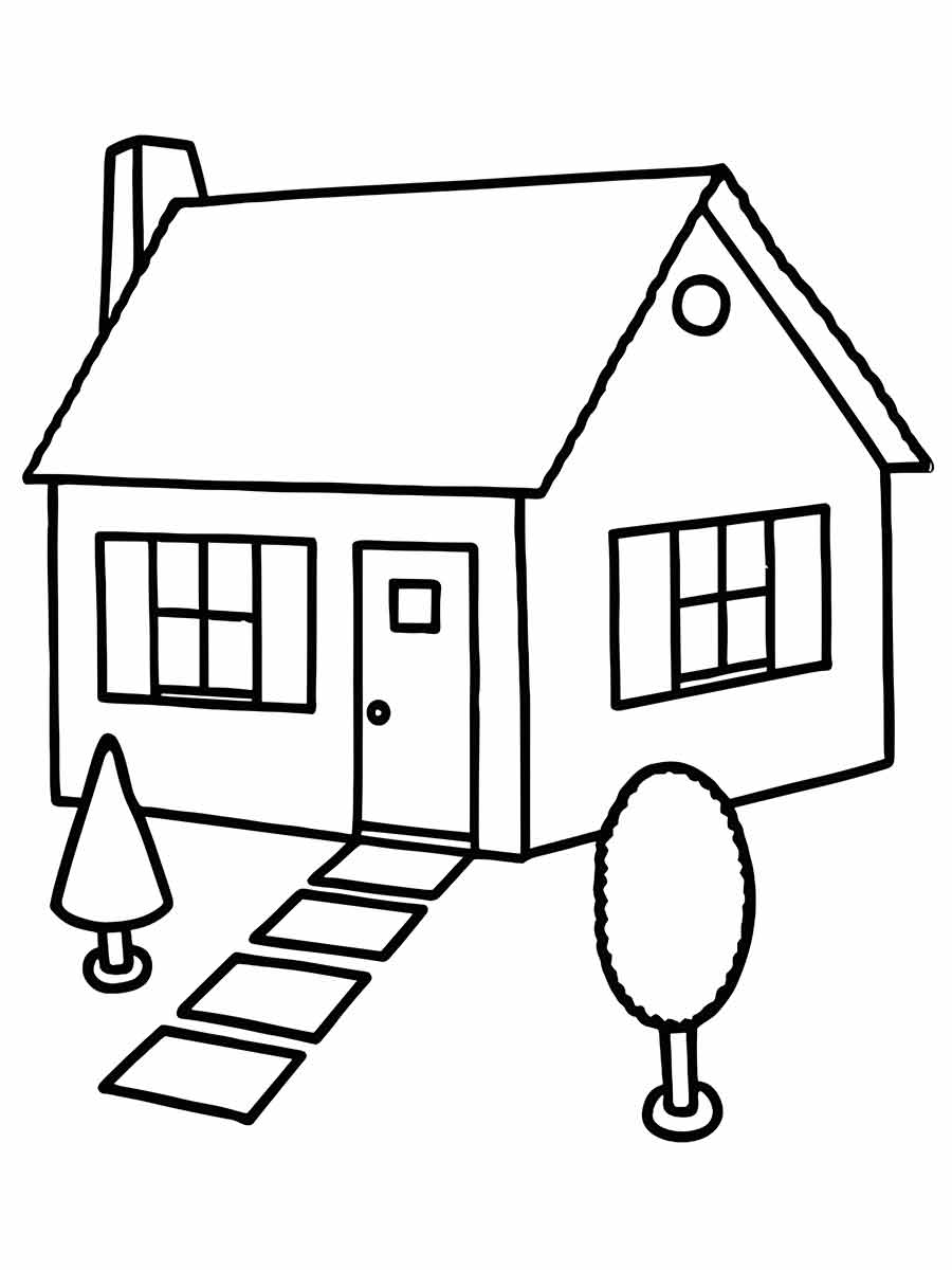 Small House with Chimney and Porch Coloring Page