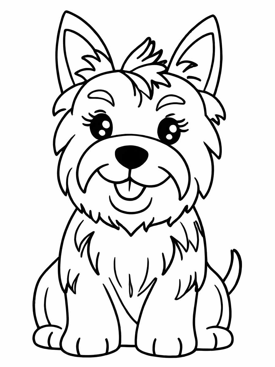 Coloring page of a smiling cartoon dog standing on four legs with a happy expression.