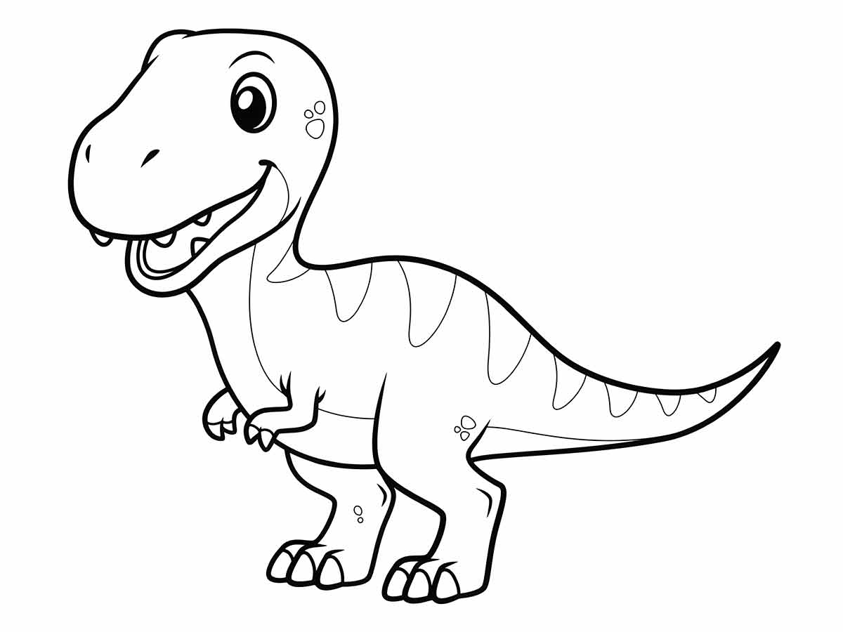 Coloring page of a smiling tyrannosaurus rex, one of the largest and fiercest carnivores with a massive head and small arms.