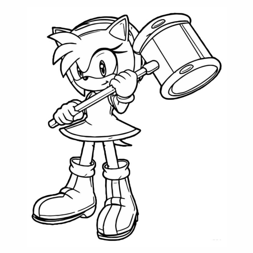 Coloring page of Sonic the Hedgehog with Amy Rose and a hammer.