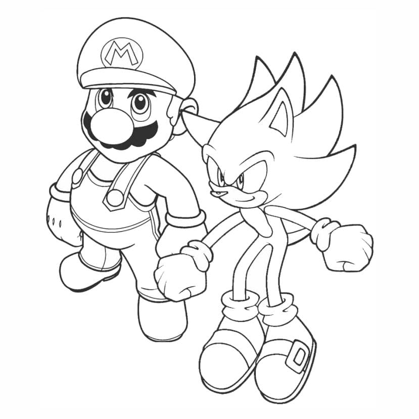 Kids' coloring page featuring Sonic the Hedgehog and Mario.