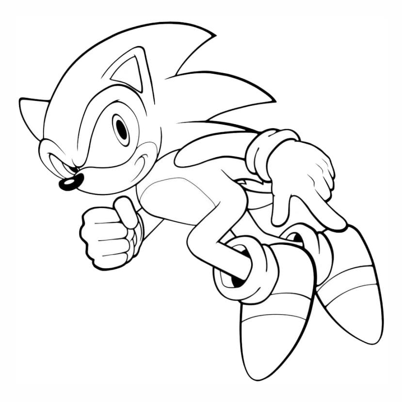 Coloring page of Sonic the Hedgehog running at super speed.