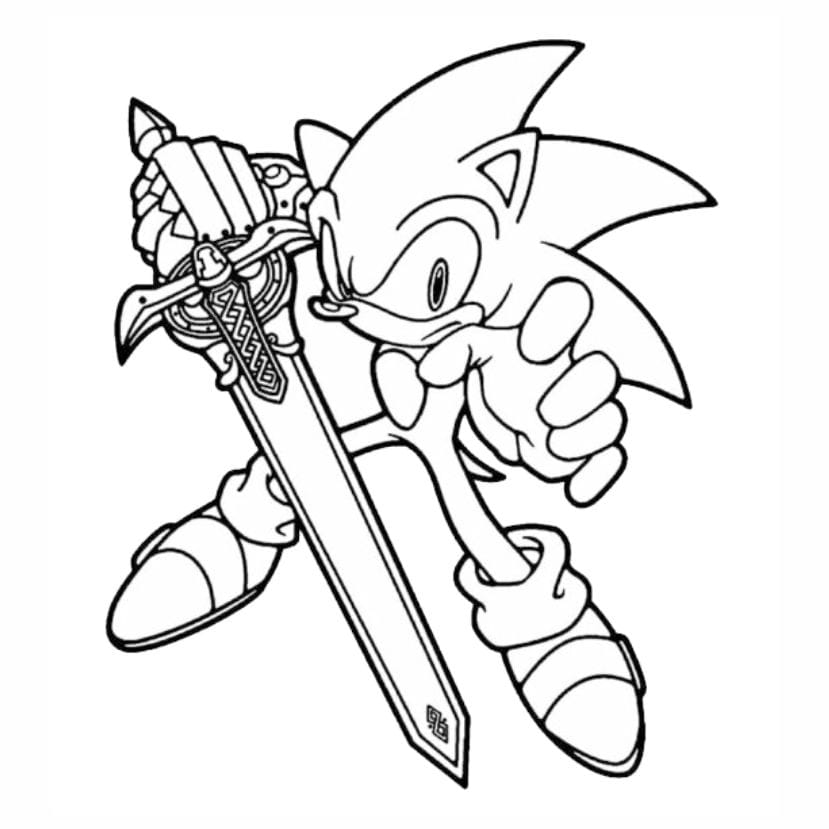 Coloring page of Sonic the Hedgehog holding a sword.