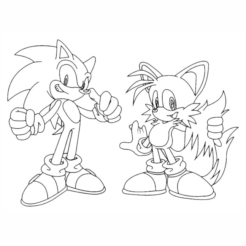 Coloring page of Sonic the Hedgehog with Miles 'Tails' Prower.